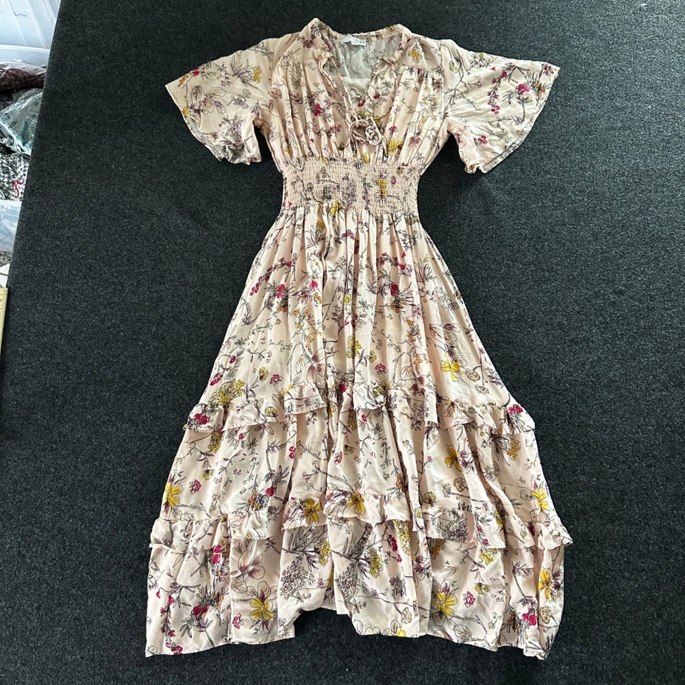 Baltic Born Floral Smocked Tiered Midi Dress Pink XS Flutter Sleeve Boho Wedding